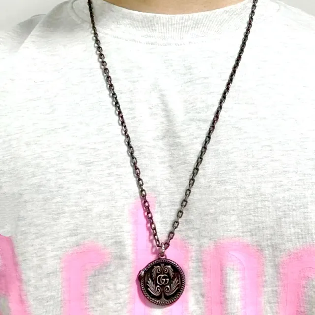 Gucci Silver Black Antiqued Circular Locket Necklace 2