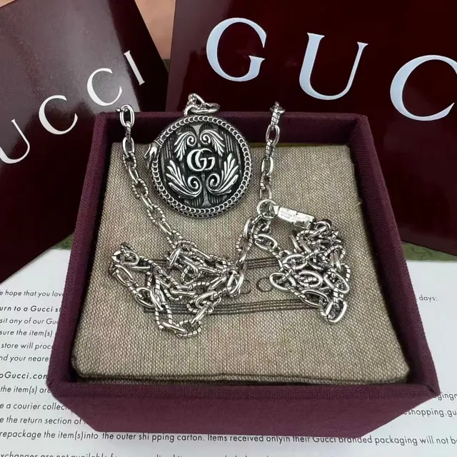 Gucci Silver Black Antiqued Circular Locket Necklace 4