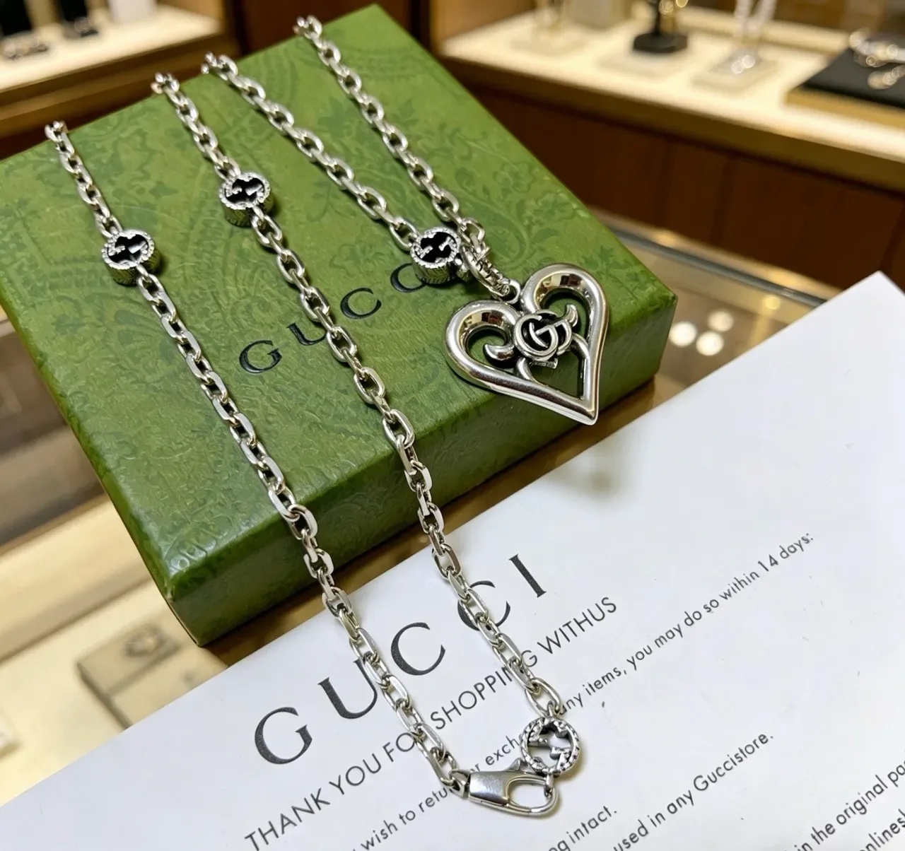Gucci Silver Black Chain Heart-Shaped Pendant Necklace 6