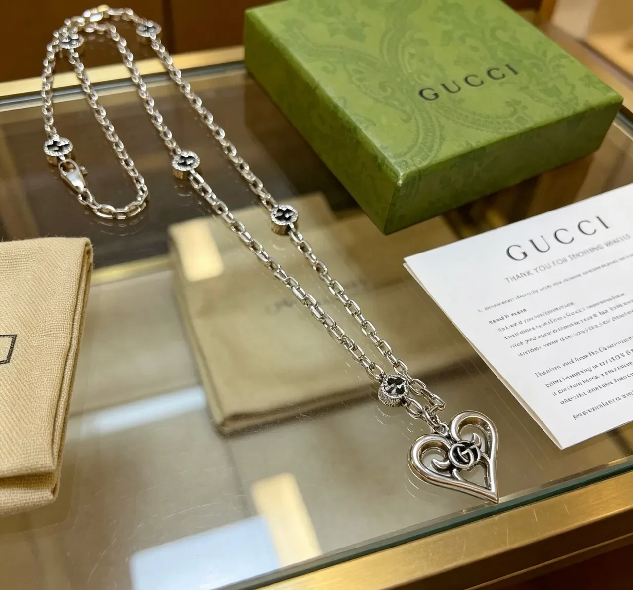 Gucci Silver Black Chain Heart-Shaped Pendant Necklace 7