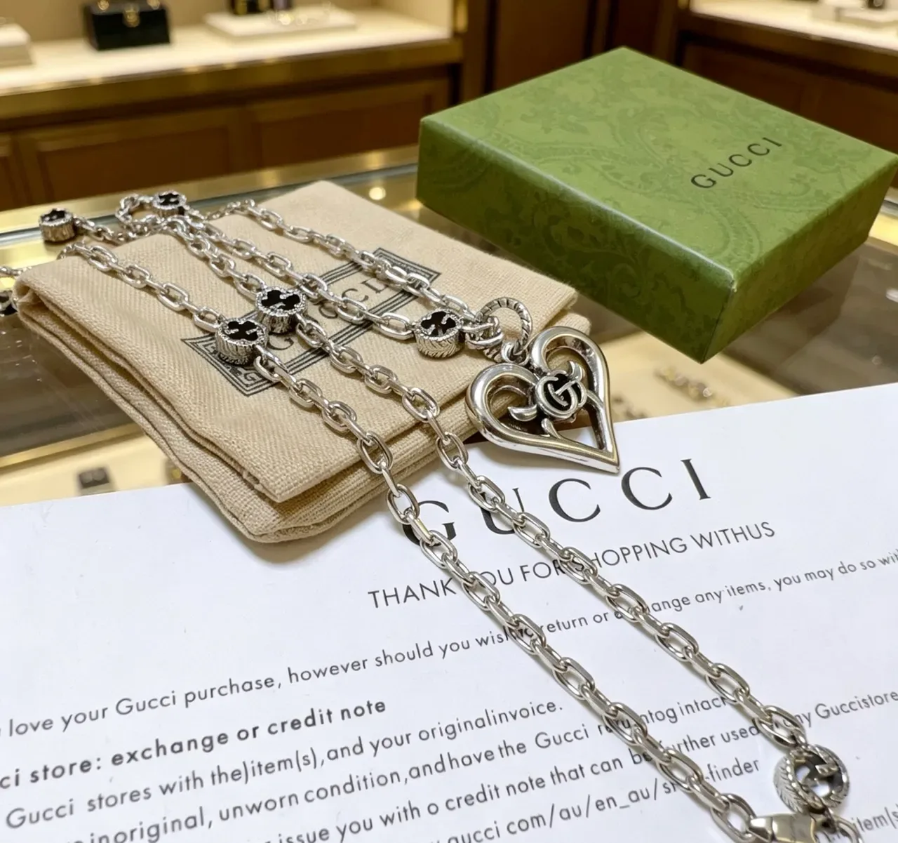 Gucci Silver Black Chain Heart-Shaped Pendant Necklace 9