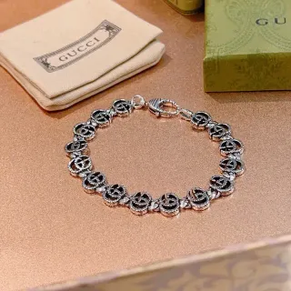 Gucci Silver Black Interlocking Double-G Links Rope-Edge Detailing Bracelet