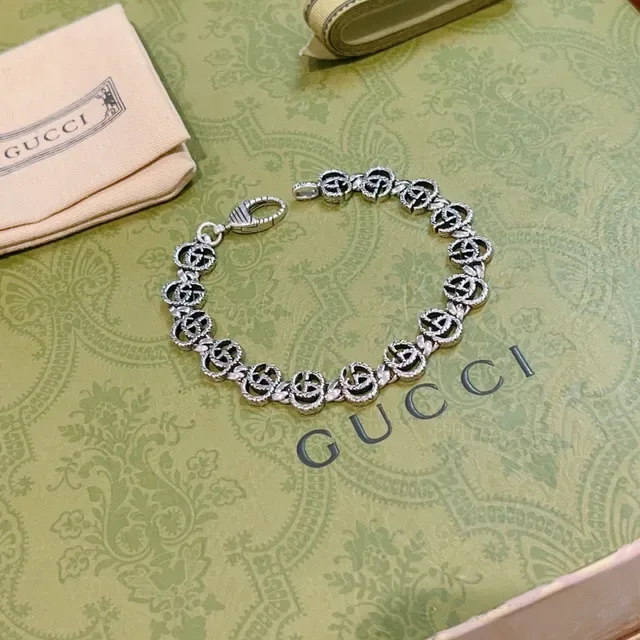 Gucci Silver Black Interlocking Double-G Links Rope-Edge Detailing Bracelet 3