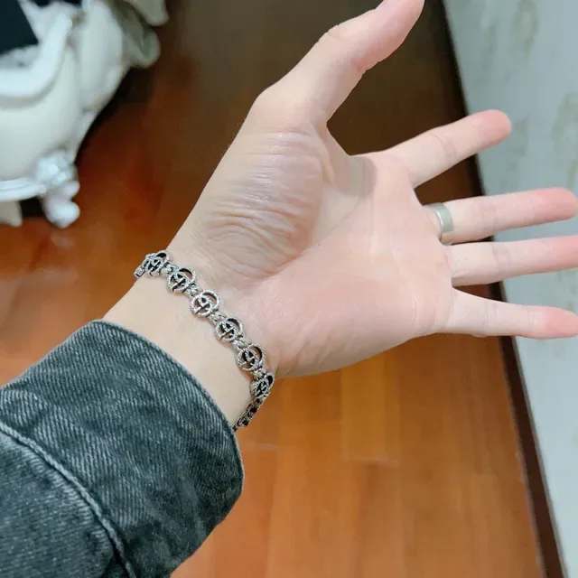 Gucci Silver Black Interlocking Double-G Links Rope-Edge Detailing Bracelet 6