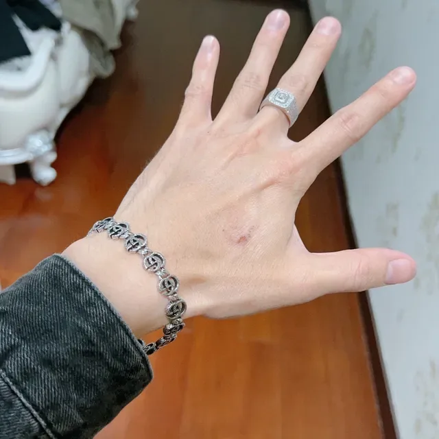 Gucci Silver Black Interlocking Double-G Links Rope-Edge Detailing Bracelet 7