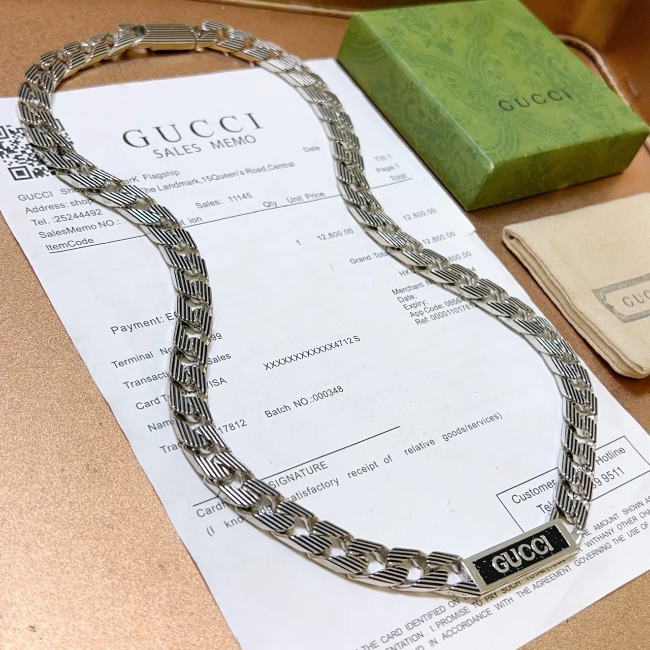 Gucci Silver Black Ribbed Curb-Link Chain Rectangular Enamel Plaque Pendant Necklace 7