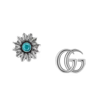Gucci Silver Blue Interlocking Double G Logo Floral Motif Earrings