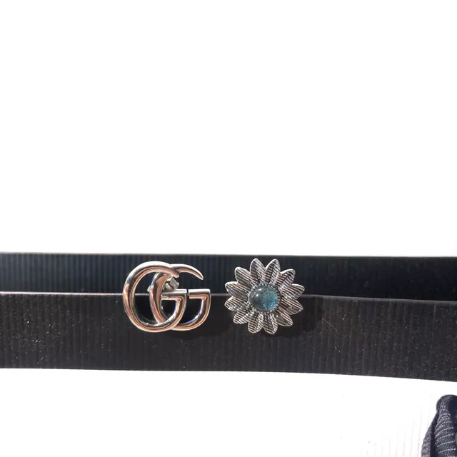 Gucci Silver Blue Interlocking Double G Logo Floral Motif Earrings 5