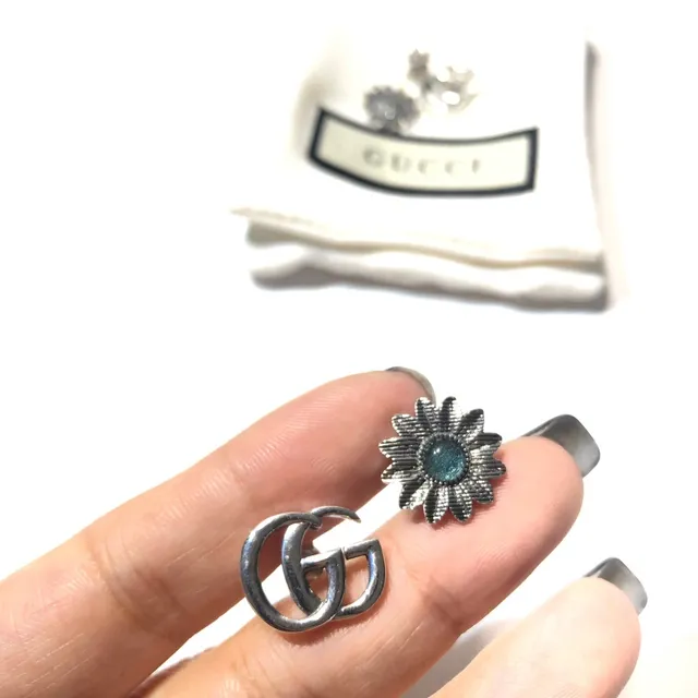 Gucci Silver Blue Interlocking Double G Logo Floral Motif Earrings 6