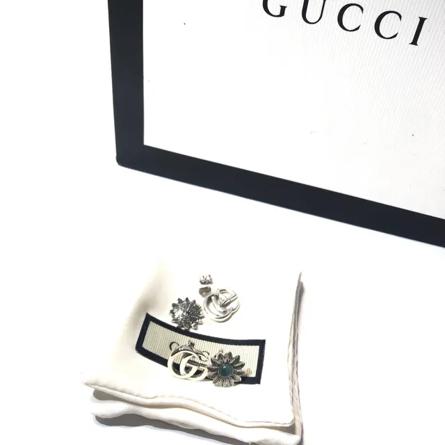 Gucci Silver Blue Interlocking Double G Logo Floral Motif Earrings 7