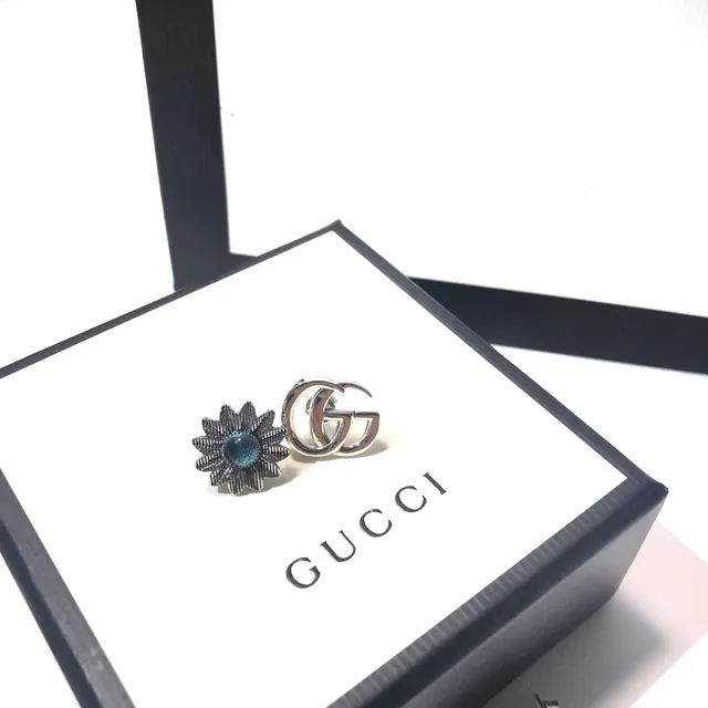 Gucci Silver Blue Interlocking Double G Logo Floral Motif Earrings 8