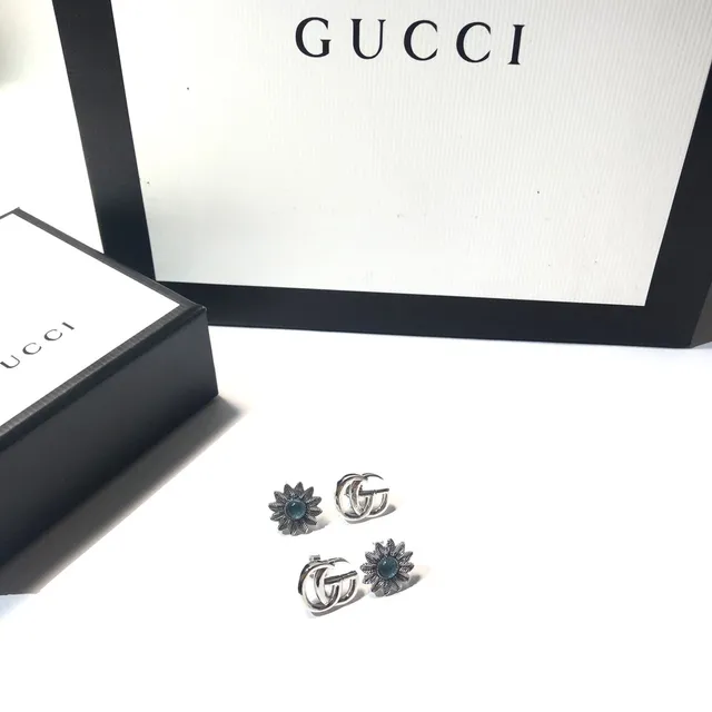 Gucci Silver Blue Interlocking Double G Logo Floral Motif Earrings 9