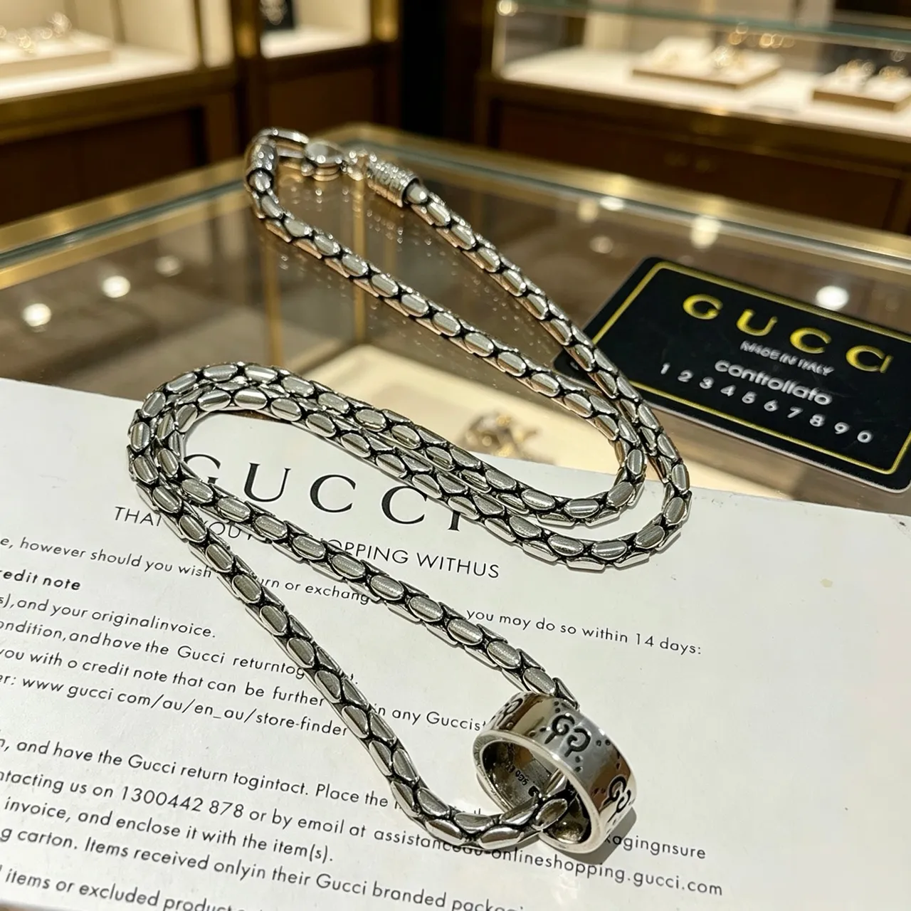 Gucci Silver Braided Oval-Link Chain Integrated Ring Pendant Necklace 6