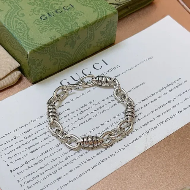 Gucci Silver Green Heavy-Link Chain Ornate Barrel Connectors Bracelet 3