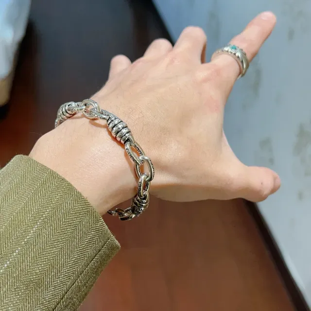 Gucci Silver Green Heavy-Link Chain Ornate Barrel Connectors Bracelet 4