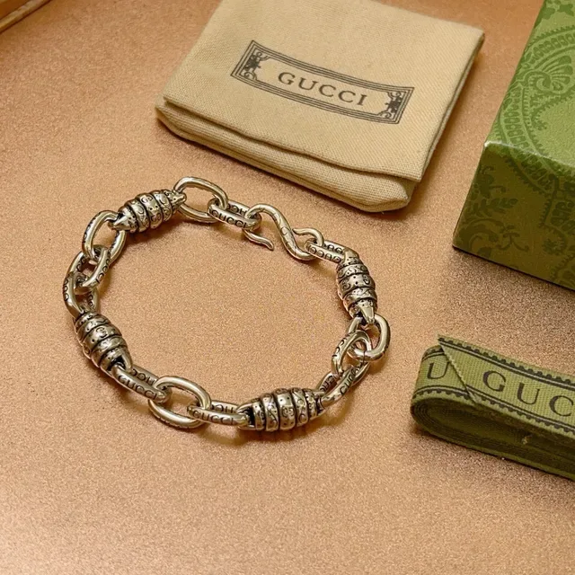Gucci Silver Green Heavy-Link Chain Ornate Barrel Connectors Bracelet 5