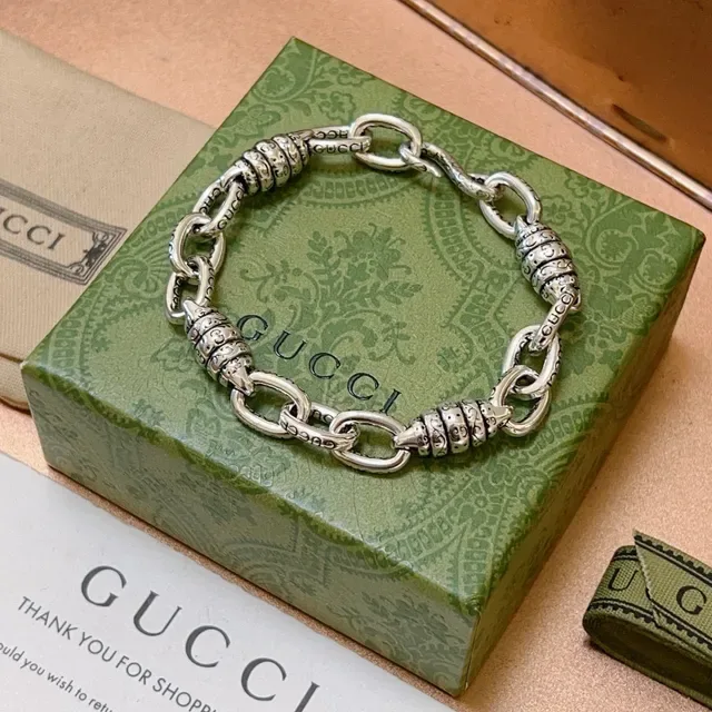 Gucci Silver Green Heavy-Link Chain Ornate Barrel Connectors Bracelet 6