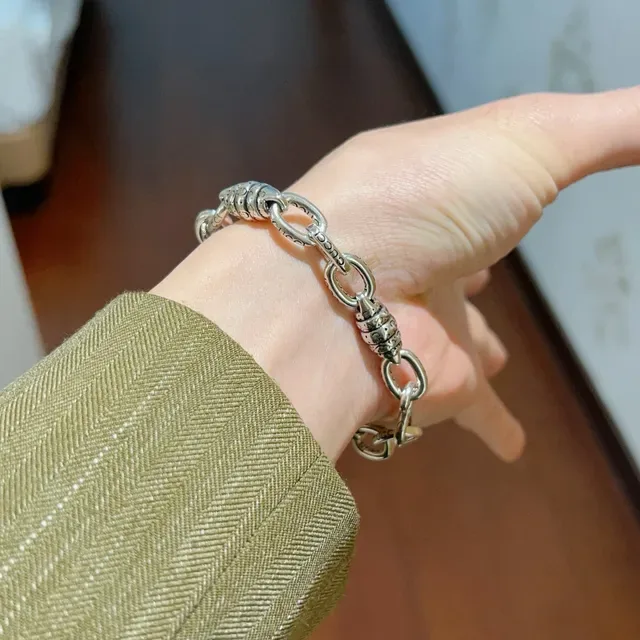 Gucci Silver Green Heavy-Link Chain Ornate Barrel Connectors Bracelet 7