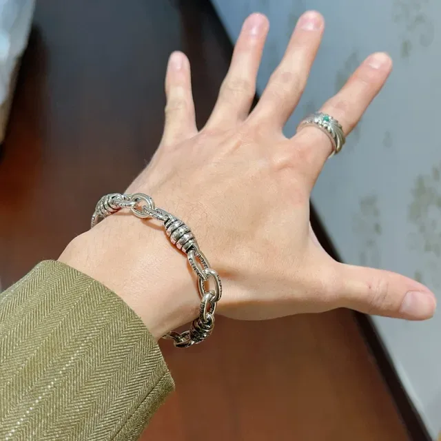Gucci Silver Green Heavy-Link Chain Ornate Barrel Connectors Bracelet 8