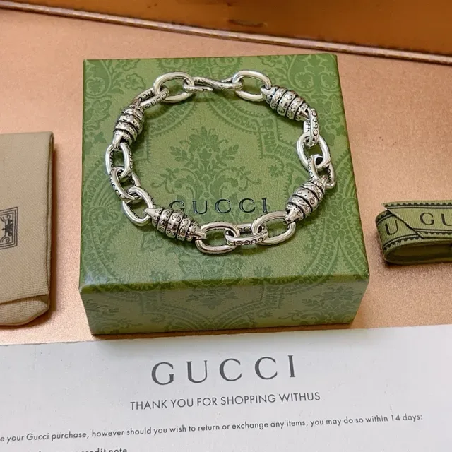 Gucci Silver Green Heavy-Link Chain Ornate Barrel Connectors Bracelet 9