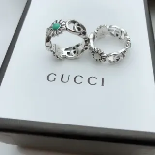 Gucci Silver Green Interlocking G Motif Floral Sunburst Detail Ring