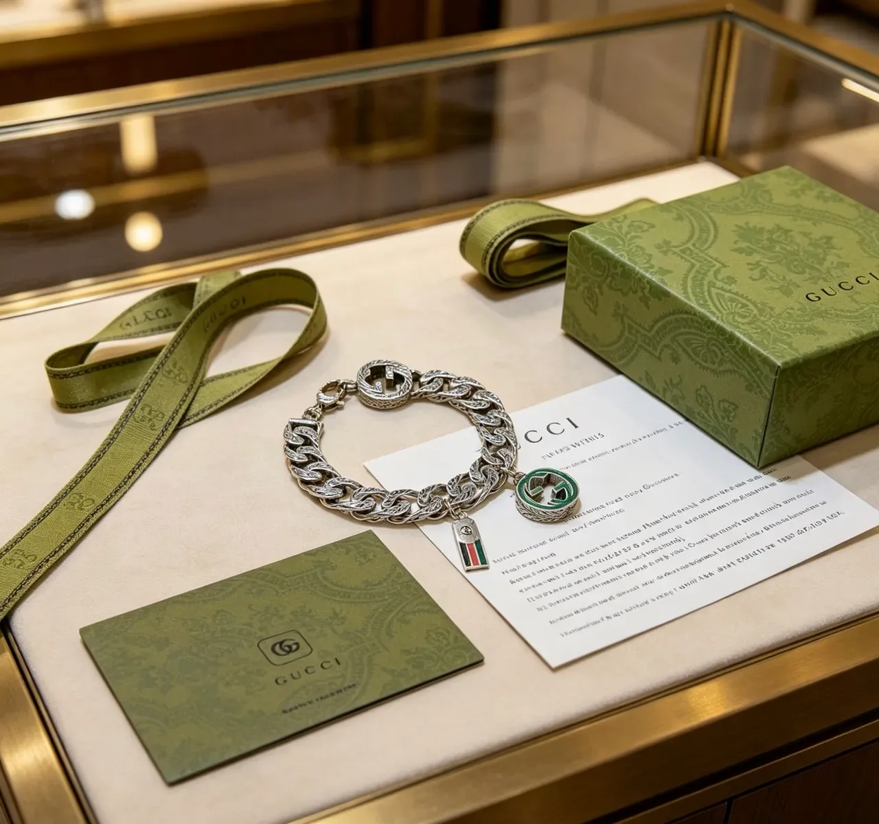 Gucci Silver Green Leaf-Pattern Curb Chain Interlocking G Clasp Bracelet 8