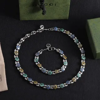 Gucci 银色 多彩 互锁椭圆链 珐琅花卉图案 项链