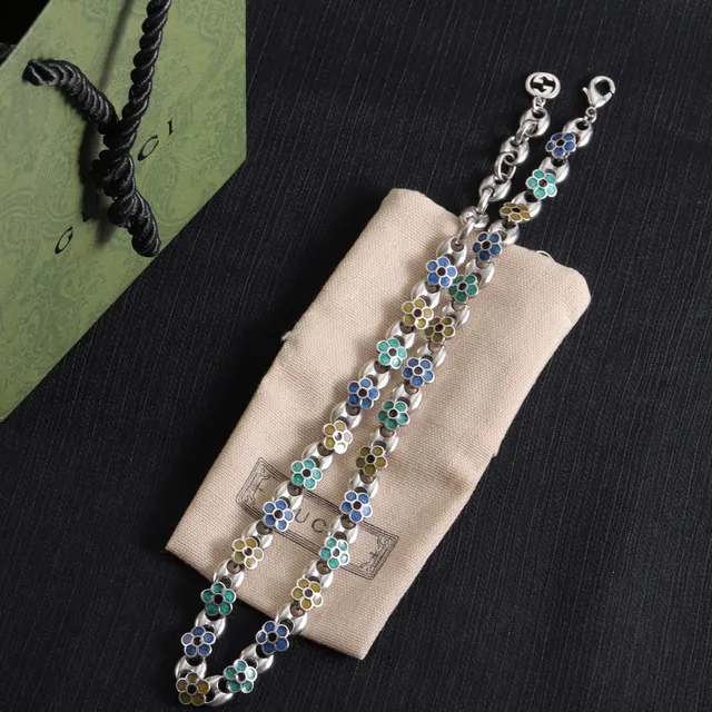 Gucci Silver Multicolor Interlocking Oval-Link Chain Enamel Floral Motifs Necklace 4
