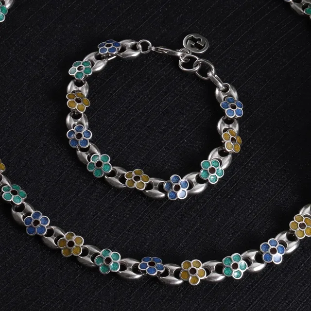 Gucci Silver Multicolor Interlocking Oval-Link Chain Enamel Floral Motifs Necklace 8