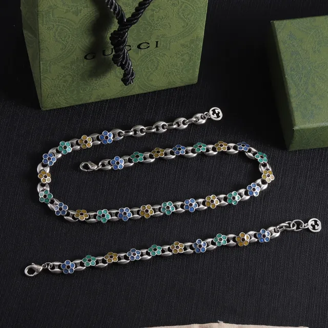 Gucci Silver Multicolor Interlocking Oval-Link Chain Enamel Floral Motifs Necklace 9