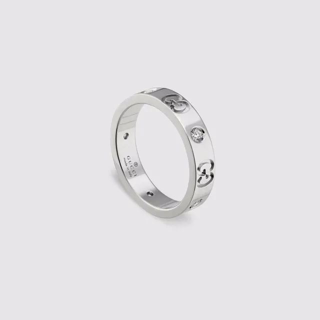 Gucci Silver White Flat Band Engraved Interlocking G Logo Ring 6
