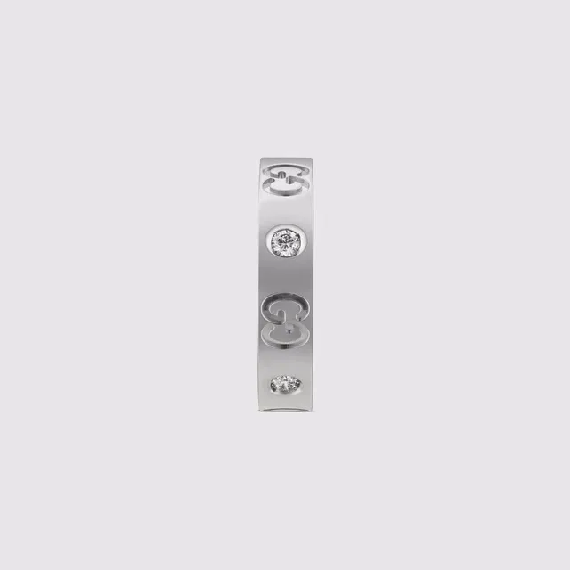Gucci Silver White Flat Band Engraved Interlocking G Logo Ring 7