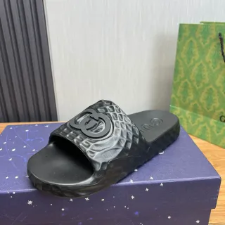 Gucci Slide Black Molded Rubber Textured Strap Slippers