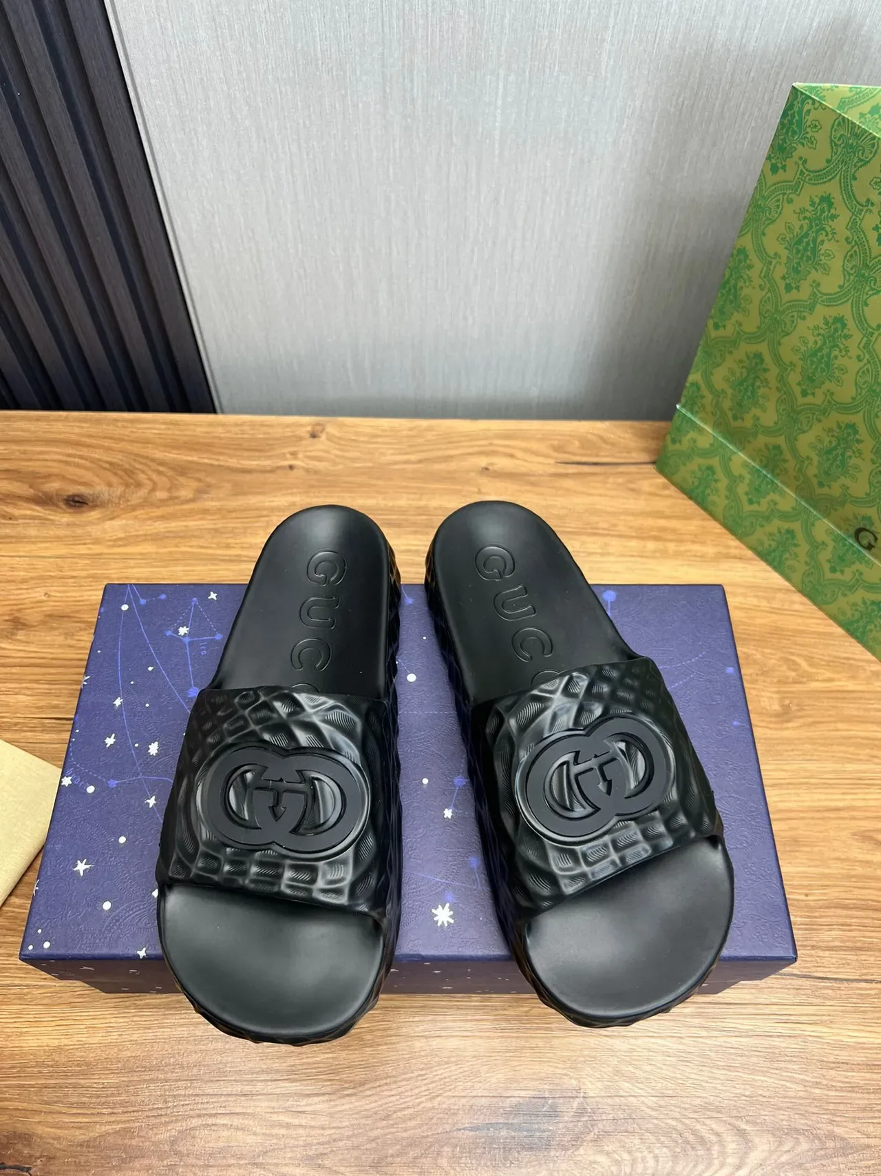 Gucci Slide Black Molded Rubber Textured Strap Slippers 2