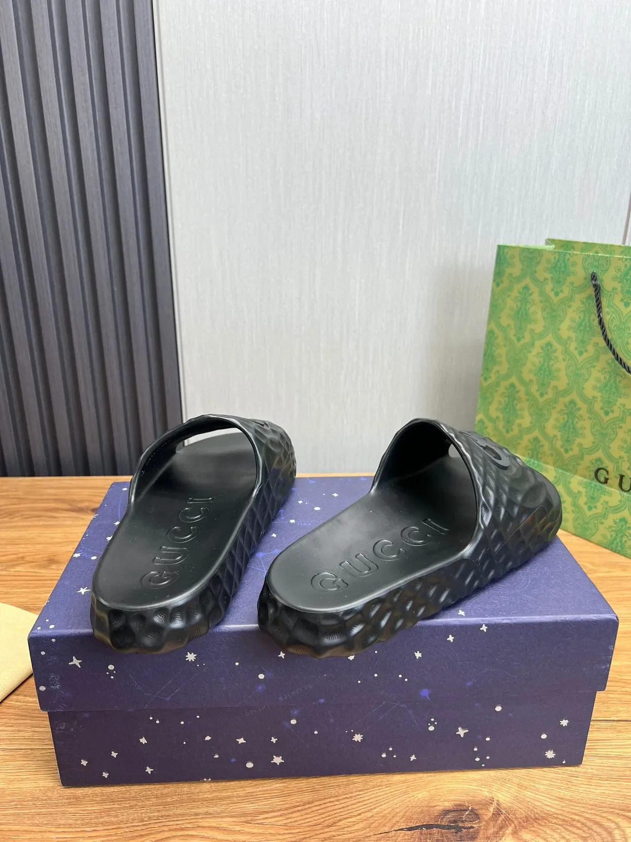 Gucci Slide Black Molded Rubber Textured Strap Slippers 4