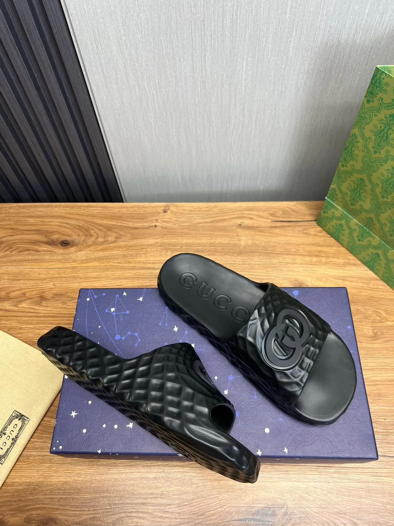 Gucci Slide Black Molded Rubber Textured Strap Slippers 5