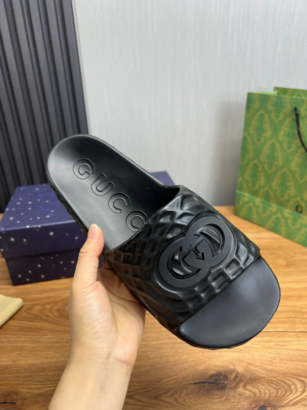 Gucci Slide Black Molded Rubber Textured Strap Slippers 6
