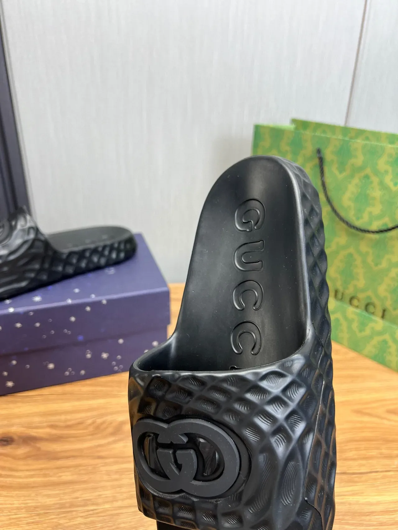 Gucci Slide Black Molded Rubber Textured Strap Slippers 7