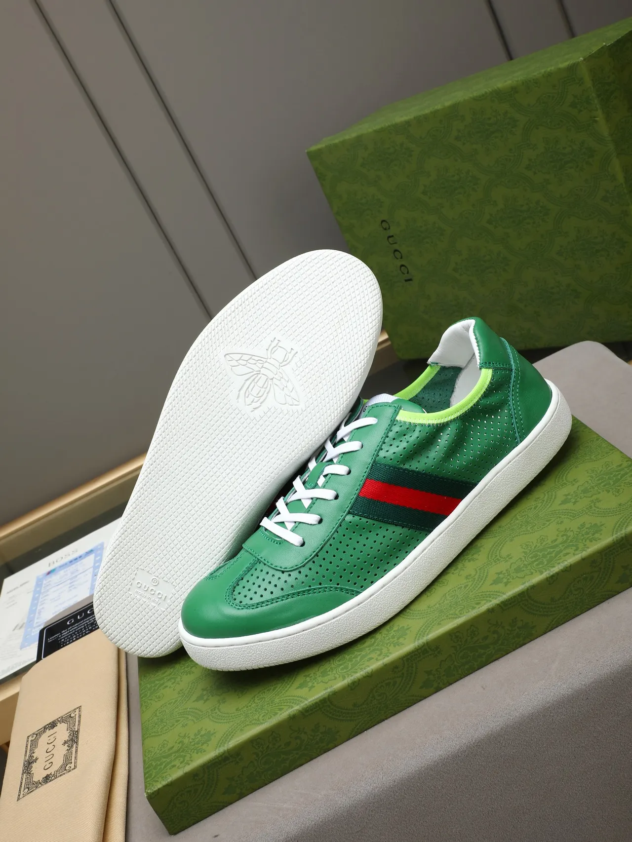 Gucci Tennis 1977 Green Red Web Perforated Leather Lifestyle Sneaker 4