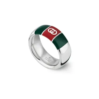 Gucci Tennis 1977 Silver Multicolor Polished Metal Green-Red-Green Enamel Stripes Ring