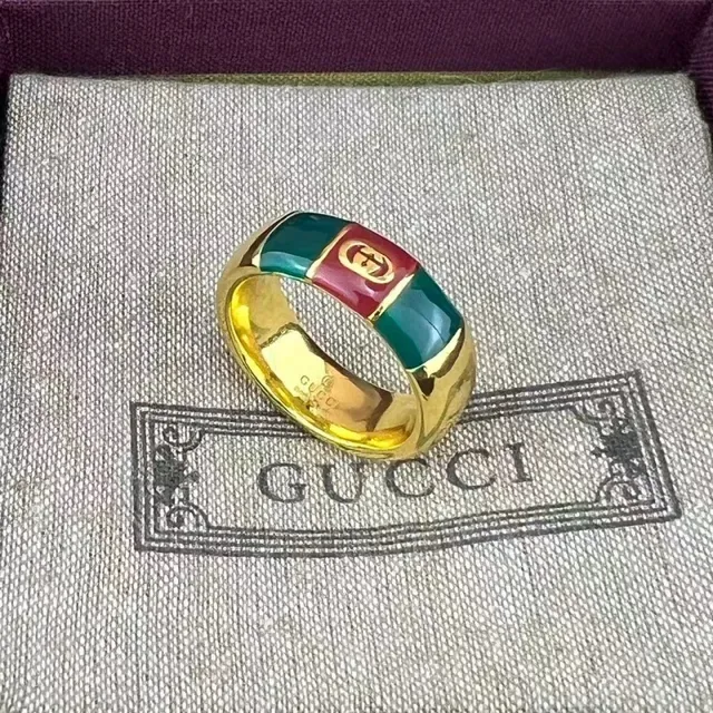 Gucci Tennis 1977 Silver Multicolor Polished Metal Green-Red-Green Enamel Stripes Ring 5