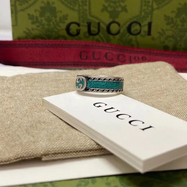 Gucci Turquoise Inlay Houndstooth Border Ring 2