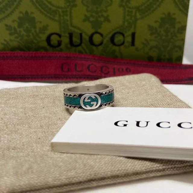 Gucci Turquoise Inlay Houndstooth Border Ring 3