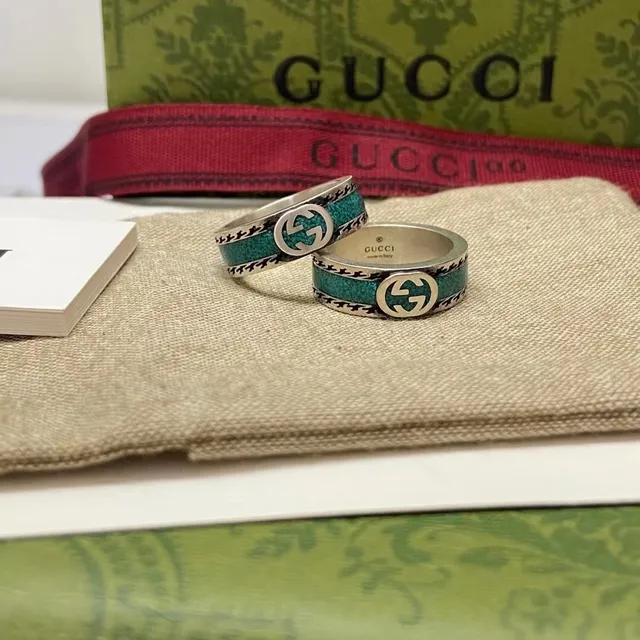 Gucci Turquoise Inlay Houndstooth Border Ring 4