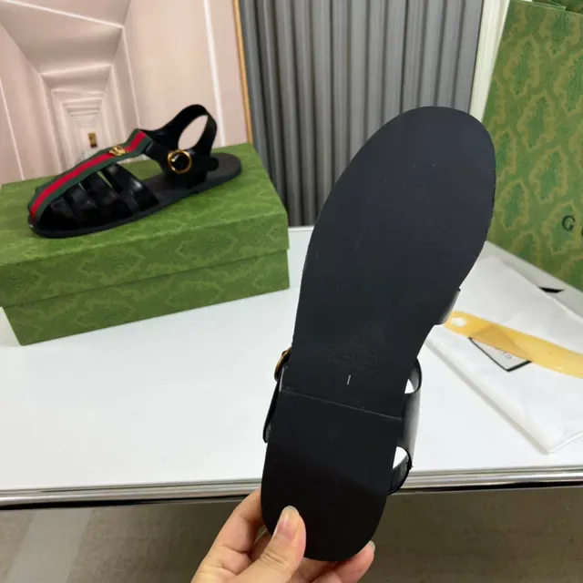 Gucci Web Sandales Gladiator Noir Rayures Vert Sangle Or Emblema Abeille 2
