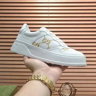 Gucci White Gold Leather GG Monogram Lifestyle Sneakers