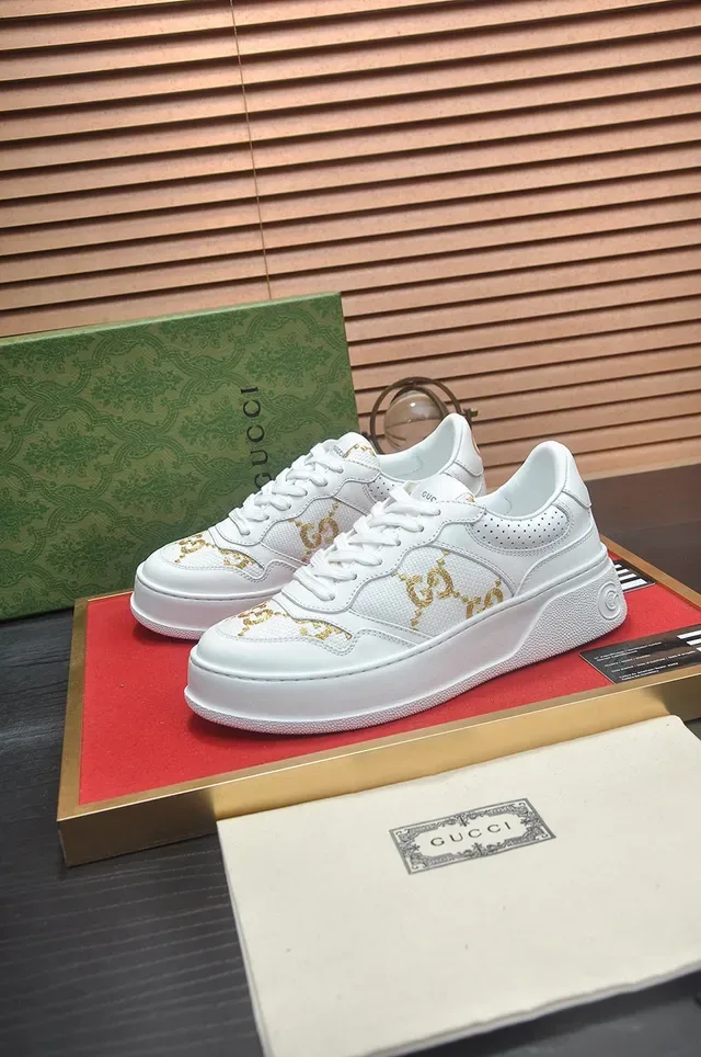 Gucci White Gold Leather GG Monogram Lifestyle Sneakers 4