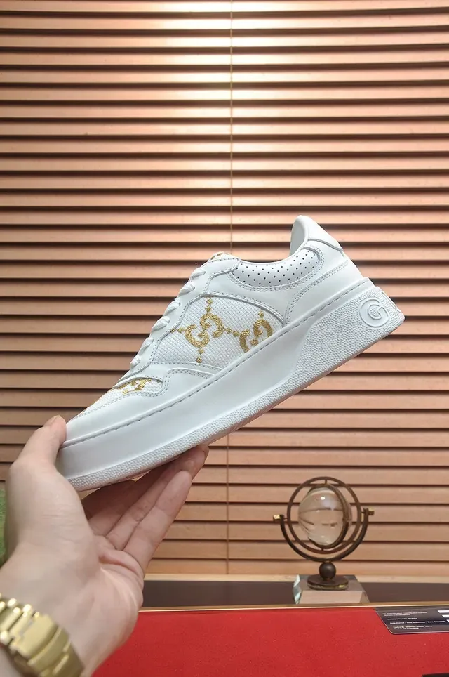 Gucci White Gold Leather GG Monogram Lifestyle Sneakers 5