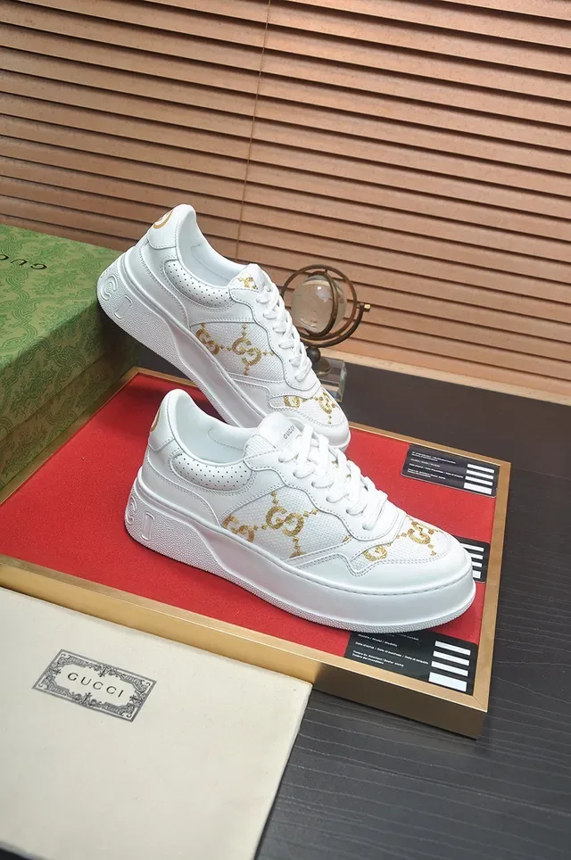 Gucci White Gold Leather GG Monogram Lifestyle Sneakers 6