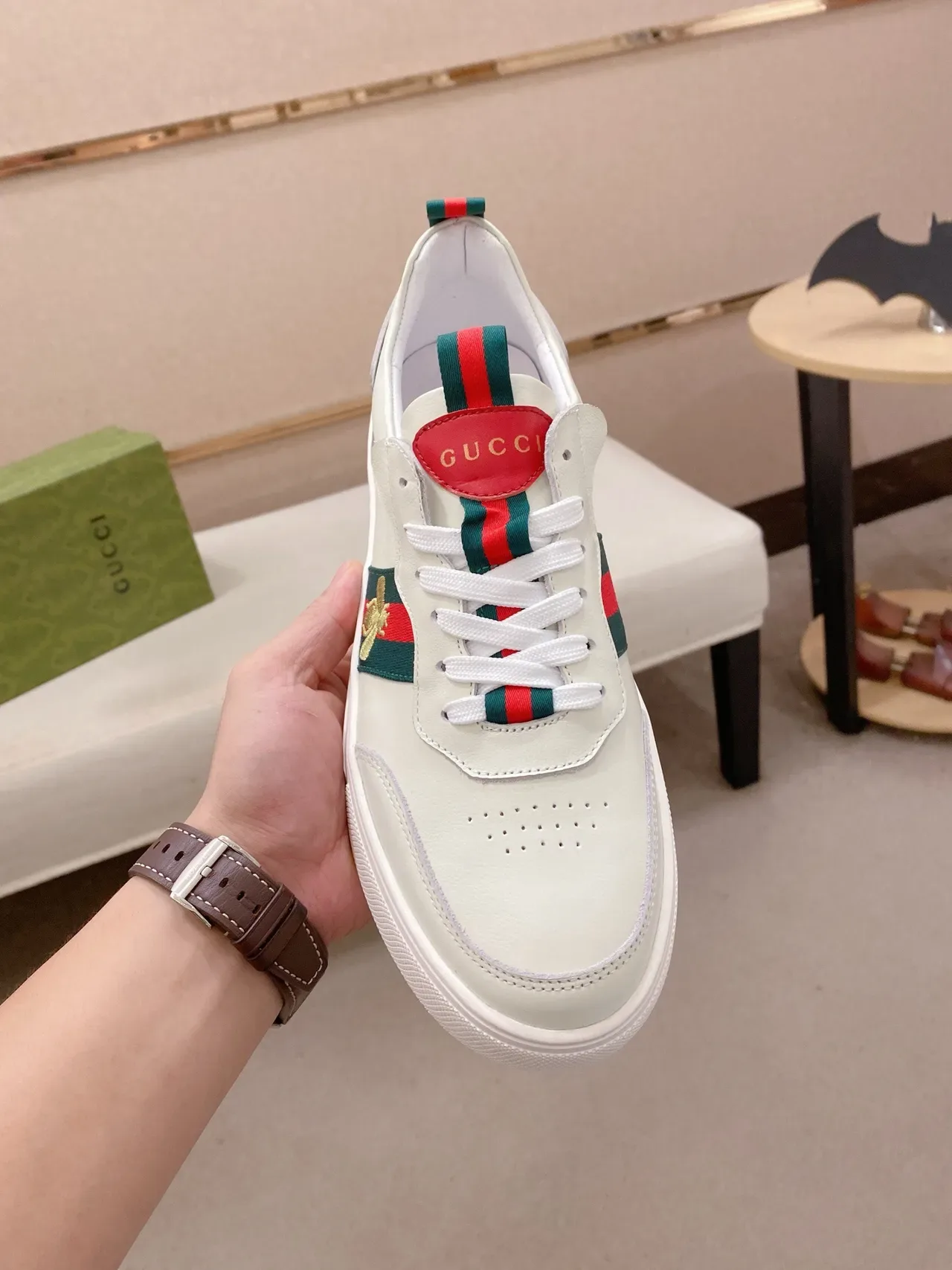 Gucci White Green Leather Web Stripe Lifestyle Sneakers 2